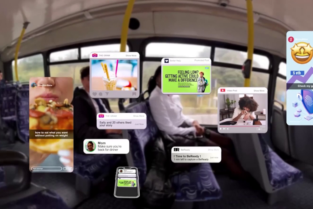 A still from the Cornerstone VR Digital World series of VR films. There are notifications covering a young persons view on the bus. This shows how overwhelming and intrusive social media can be.