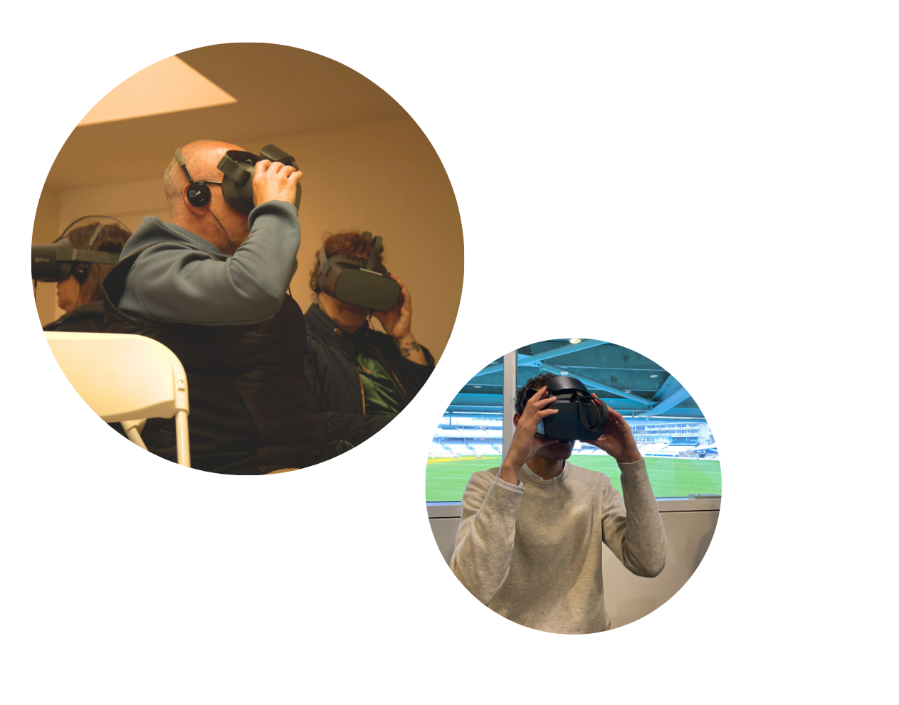 Two bubbles have photos showing two users of the VR headsets, watching Cornerstone VR films.